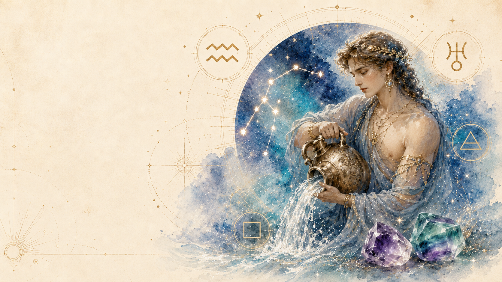 Aquarius zodiac guide with water bearer symbol, Uranus, air element, fixed mode, amethyst and fluorite birthstones