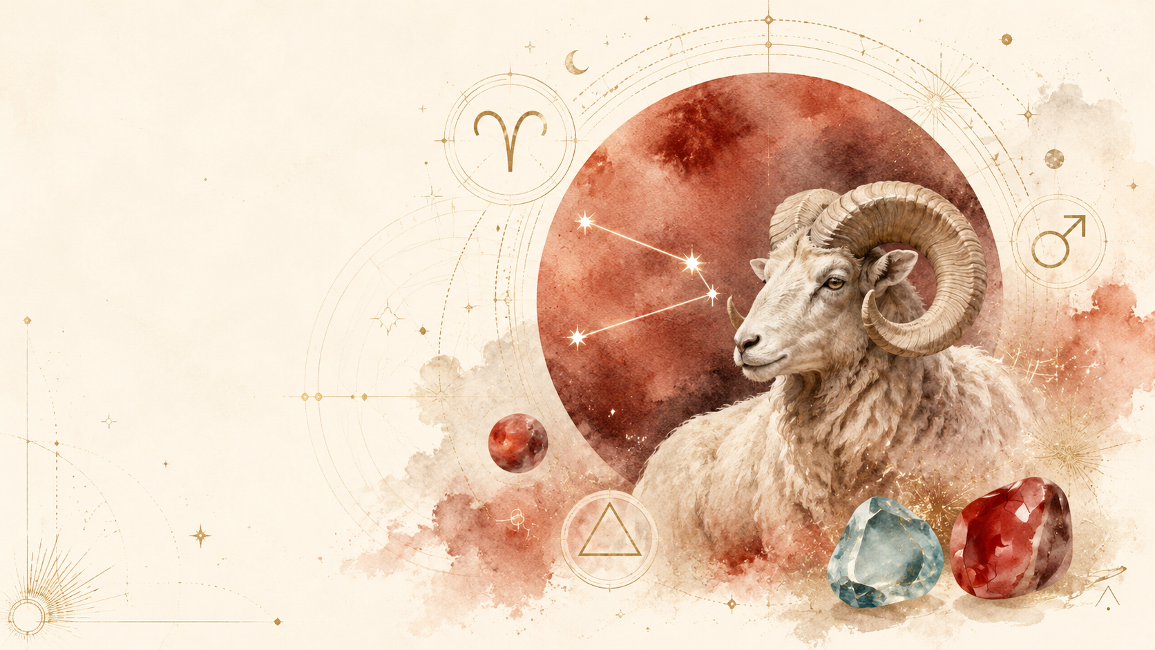 Aries zodiac guide with ram symbol, Aries glyph, Mars symbol, fire element, cardinal mode, aquamarine and red jasper birthstones