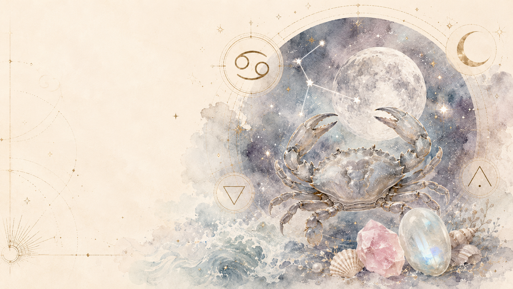 Cancer zodiac guide with crab symbol, Moon, water element, cardinal mode, rose quartz and moonstone birthstones