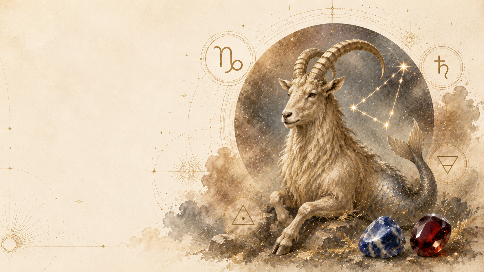 Capricorn zodiac guide with sea goat symbol, Saturn, earth element, cardinal mode, sodalite and garnet birthstones