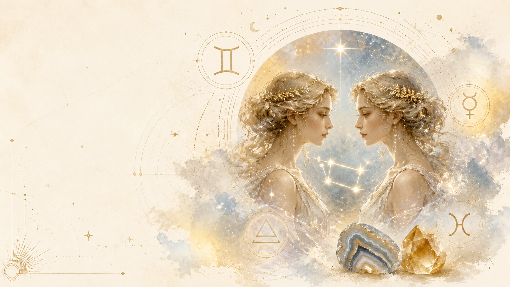 Gemini zodiac guide with twins symbol, Mercury, air element, mutable mode, agate and citrine birthstones