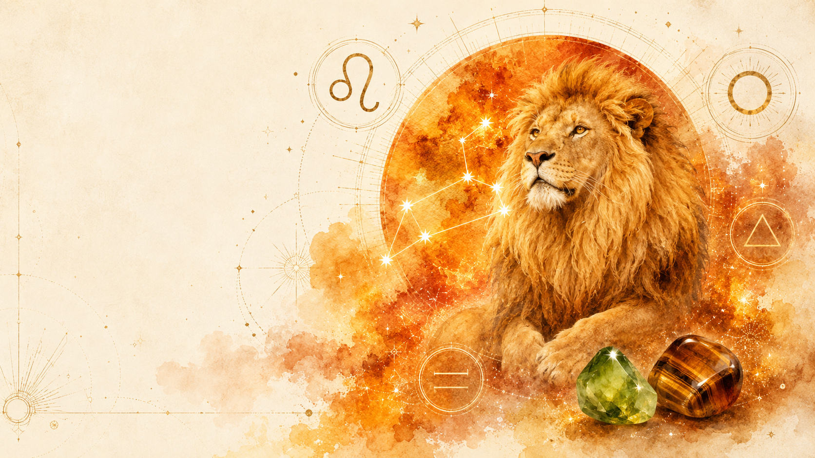 Leo zodiac guide with lion symbol, Sun, fire element, fixed mode, peridot and tiger’s eye birthstones