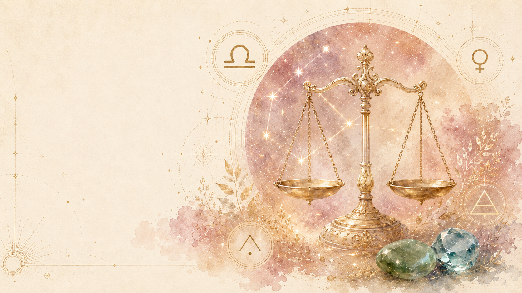 Libra zodiac guide with scales symbol, Venus, air element, cardinal mode, green jade and aquamarine birthstones