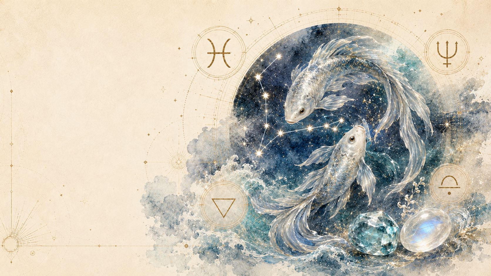 Pisces zodiac guide with two fish symbol, Neptune, water element, mutable mode, aquamarine and moonstone birthstones