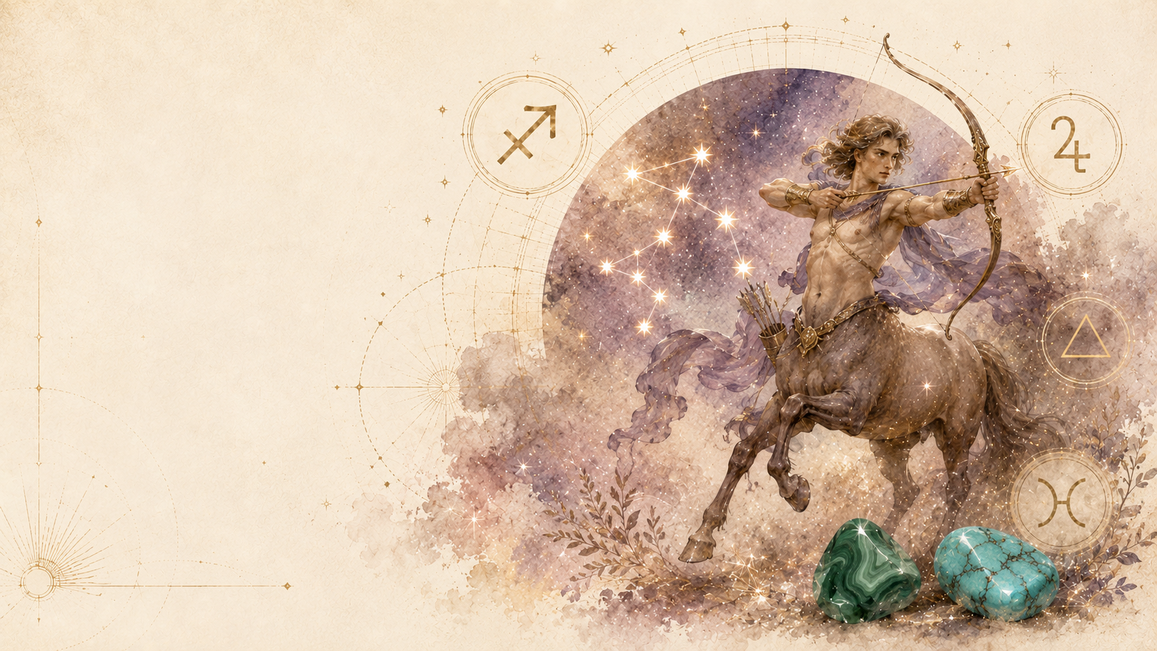 Sagittarius zodiac guide with centaur archer symbol, Jupiter, fire element, mutable mode, malachite and turquoise birthstones