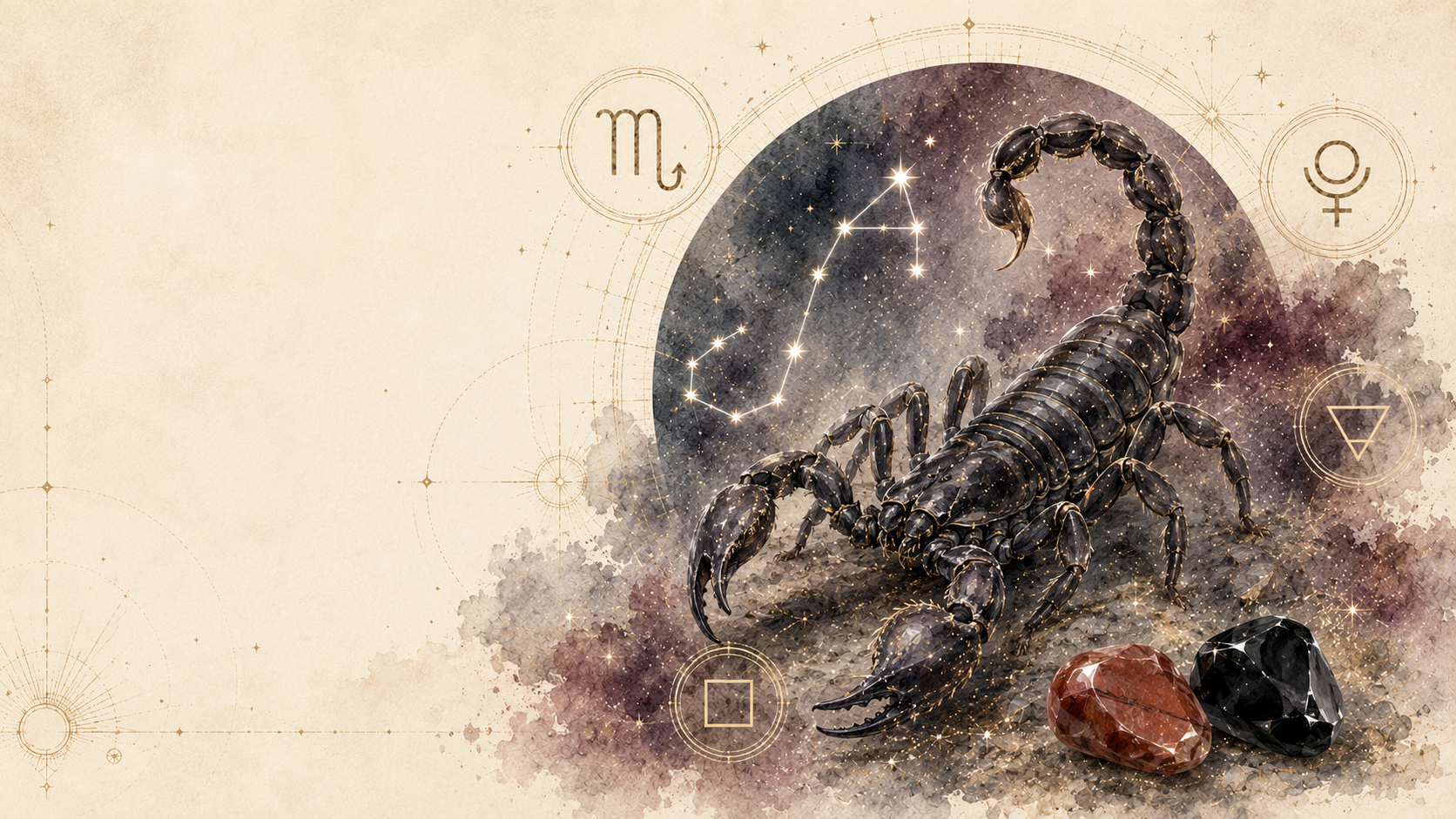 Scorpio zodiac guide with scorpion symbol, Pluto, water element, fixed mode, red jasper and black obsidian birthstones