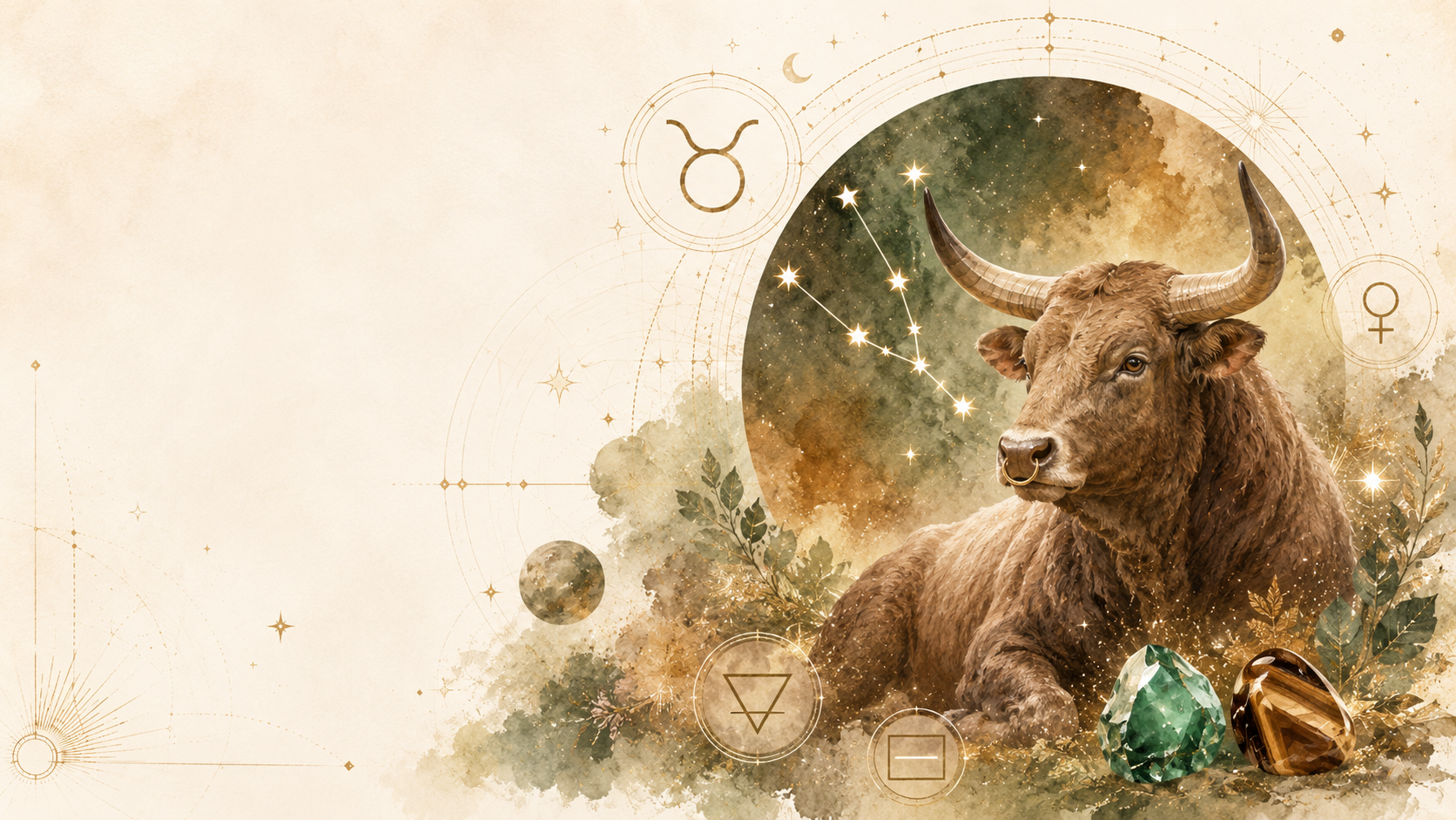 Taurus zodiac guide with bull symbol, Venus, earth element, fixed mode, emerald and tiger’s eye birthstones