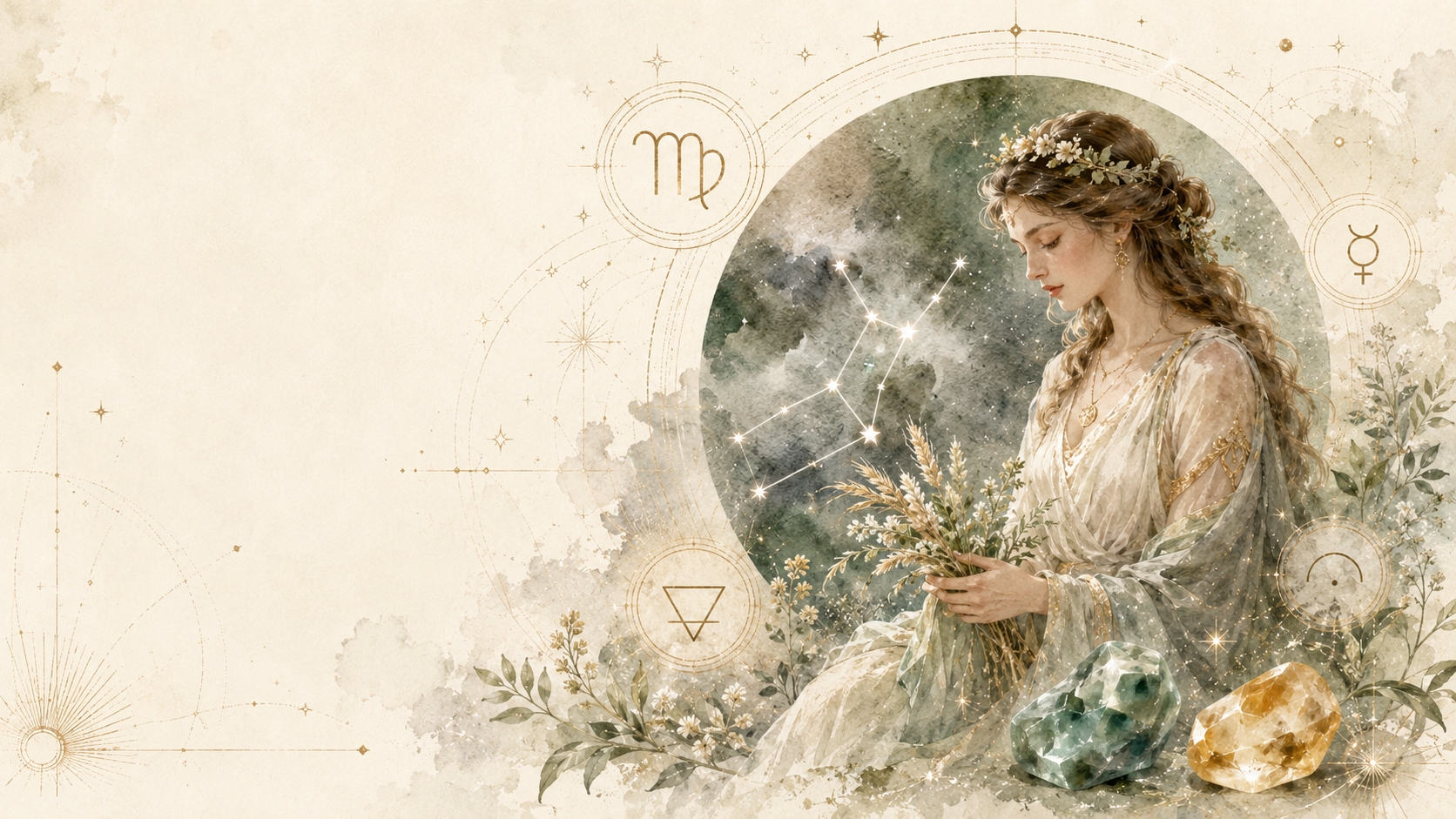Virgo zodiac guide with maiden symbol, Mercury, earth element, mutable mode, green jade and citrine birthstones