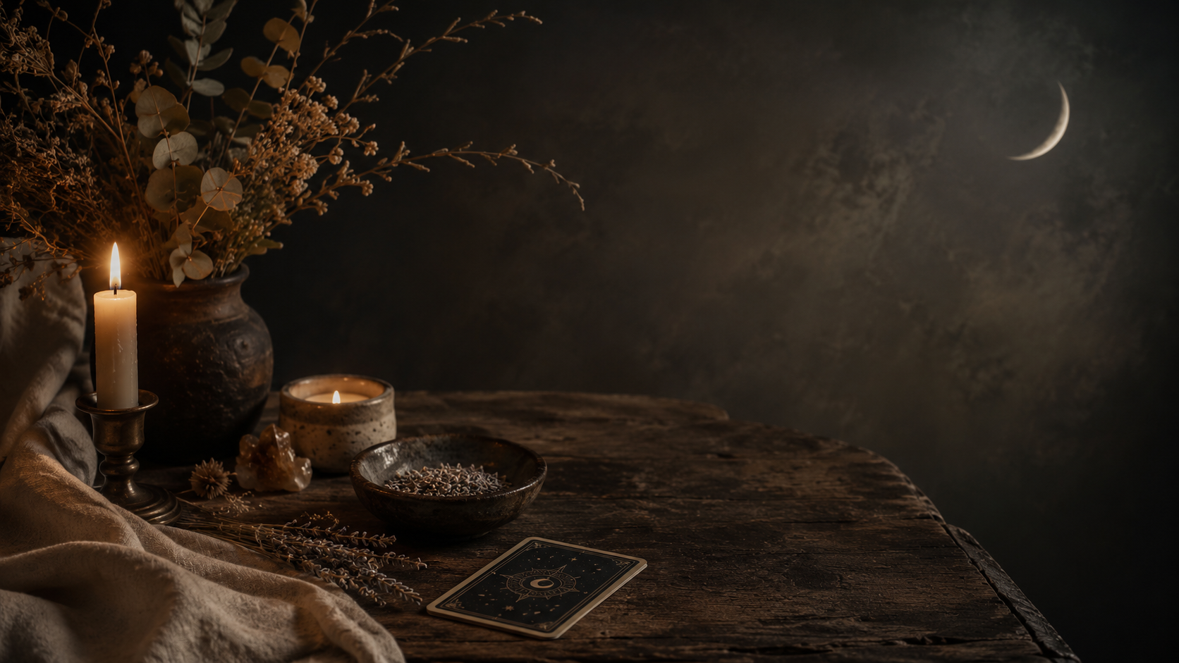 A timeless witchcraft ritual still life with candlelight, herbs, a crescent moon, and quiet mystical atmosphere