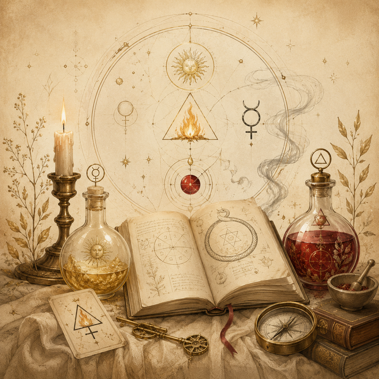 Mystical alchemy study with journal, candle, bottles and symbols