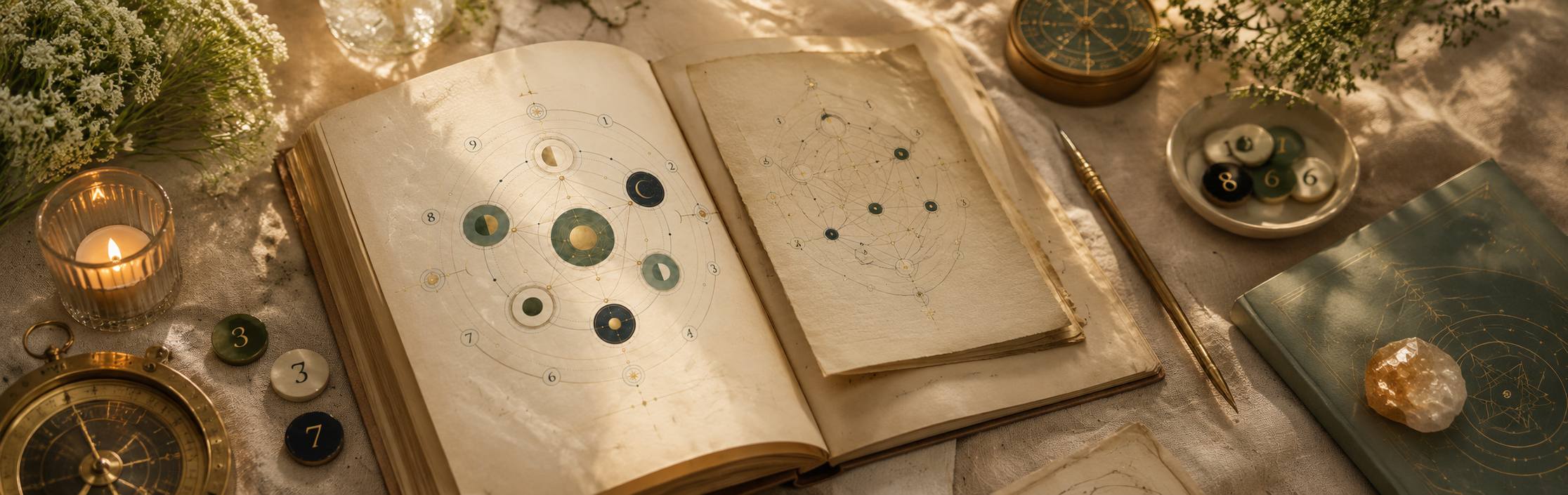 Atmospheric numerology scene with numbers, books and warm celestial light